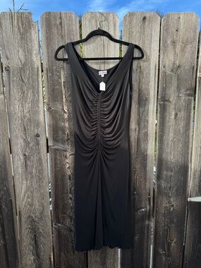 Vintage 90s Black Ruched V-Neck Midi Dress